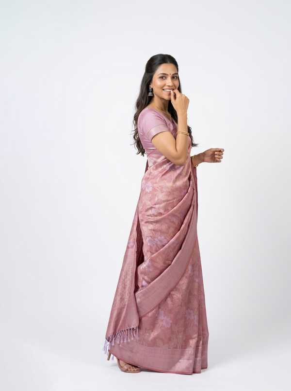 Semi Silk Dusty Pink Floral Zari Saree