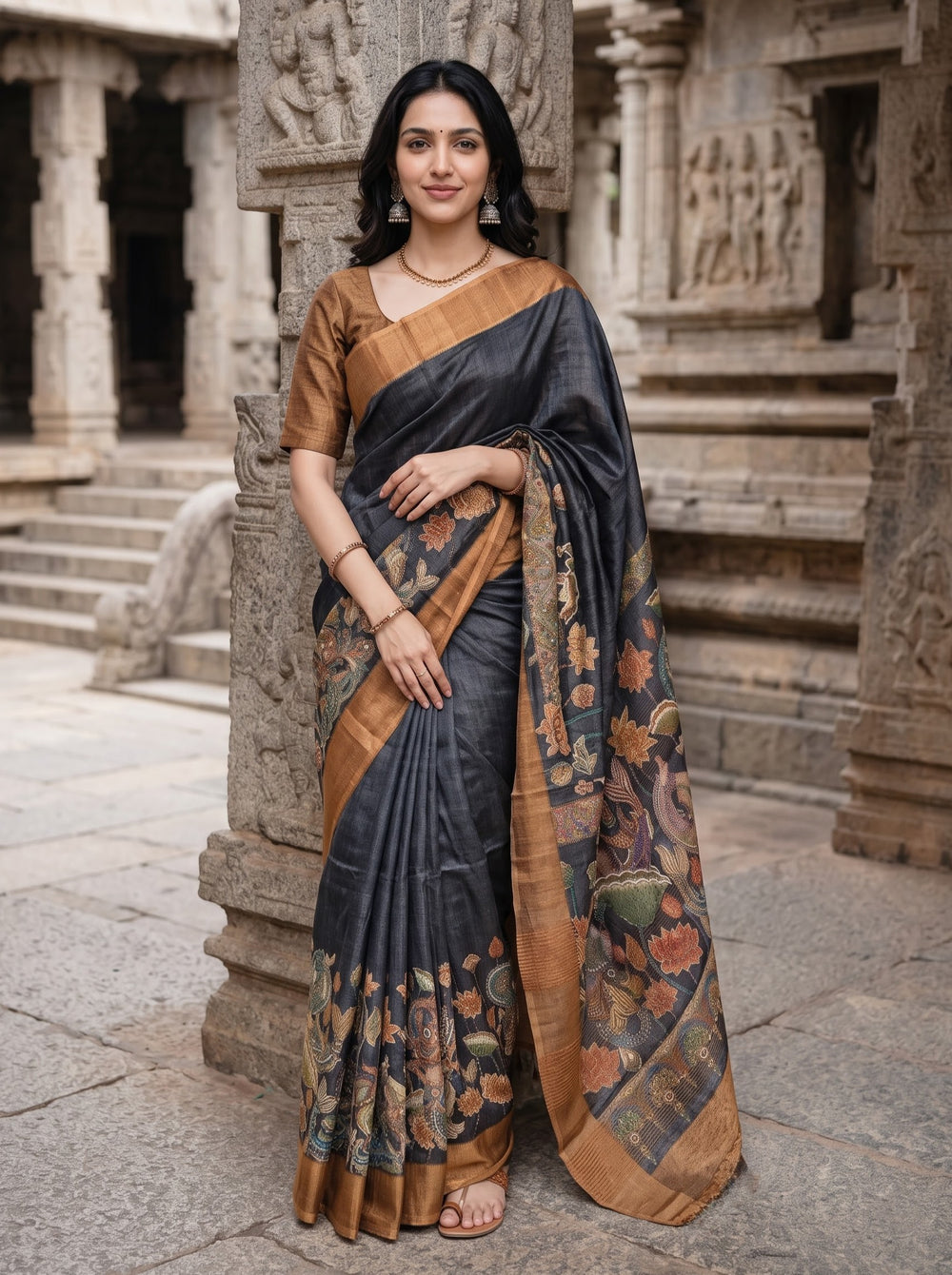 Tussar Silk Rust Brown and Black Kalamkari Saree with Embroidered Lotus Motif Pallu