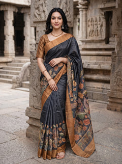 Tussar Silk Rust Brown and Black Kalamkari Saree with Embroidered Lotus Motif Pallu