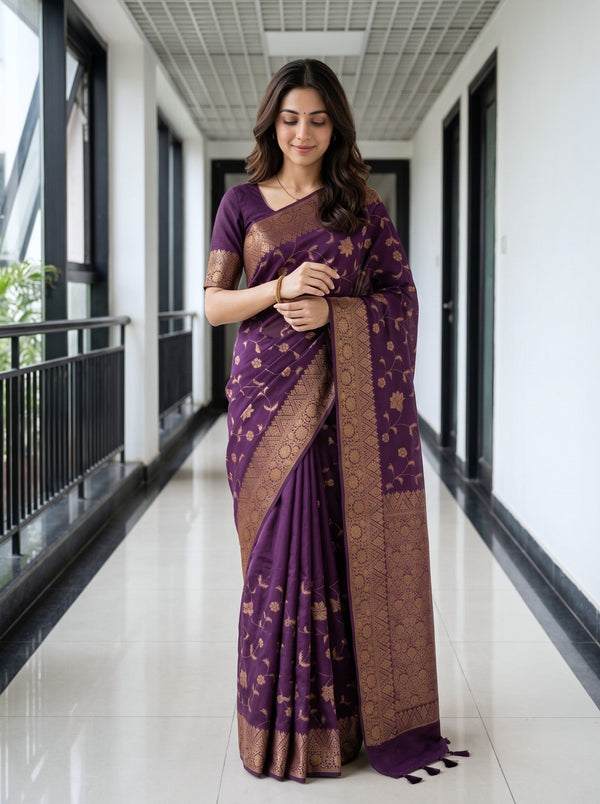 Cotton Silk Purple Gold Jacquard Floral Border Saree