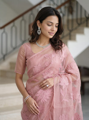 Organza Pink Floral Vine Embroidery Saree with Tassels