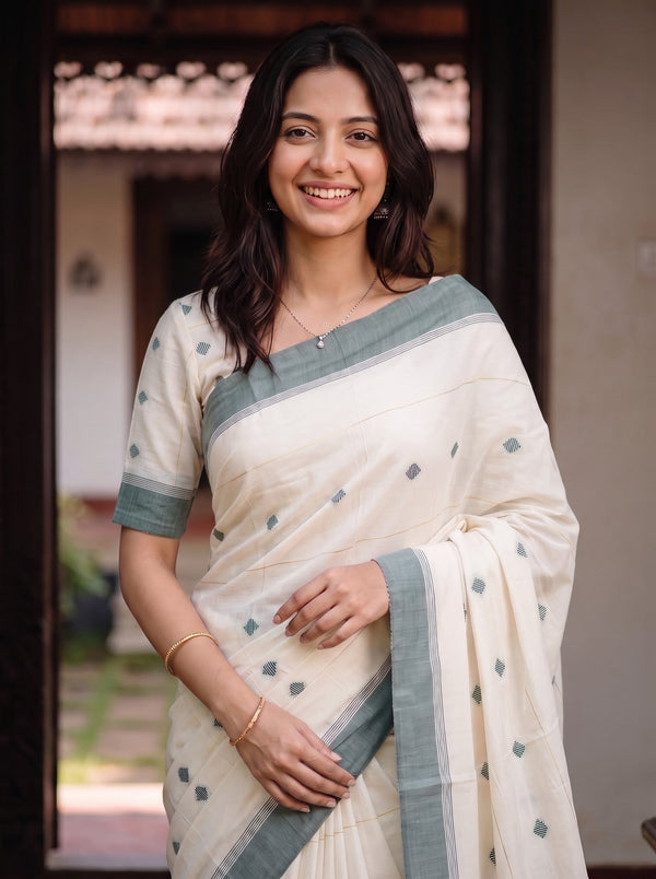 Cotton Cream Green Diamond Booti Onam Kerala Saree