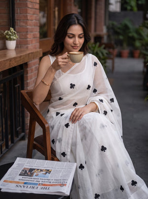 Mul Chanderi White Black Playing Card Suit Spade Club Print Saree