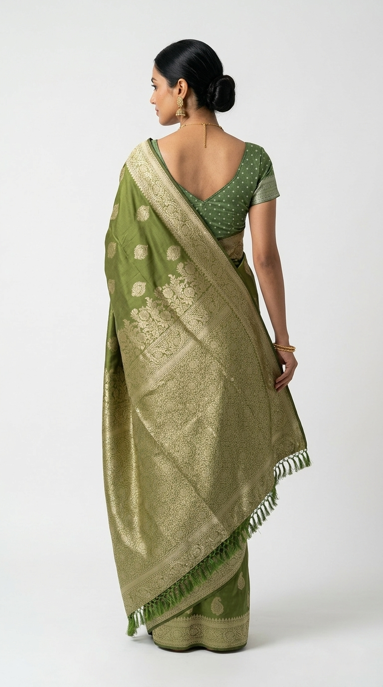 Woman wearing a green saree with a plain background