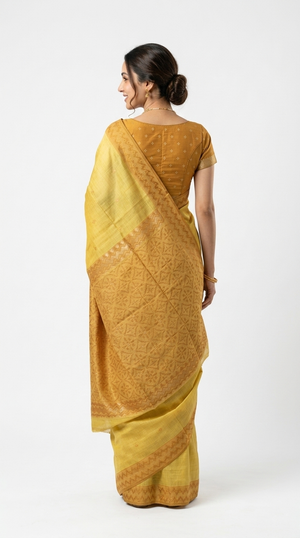 Soft Cotton Lemon Yellow Ethnic Motif Saree