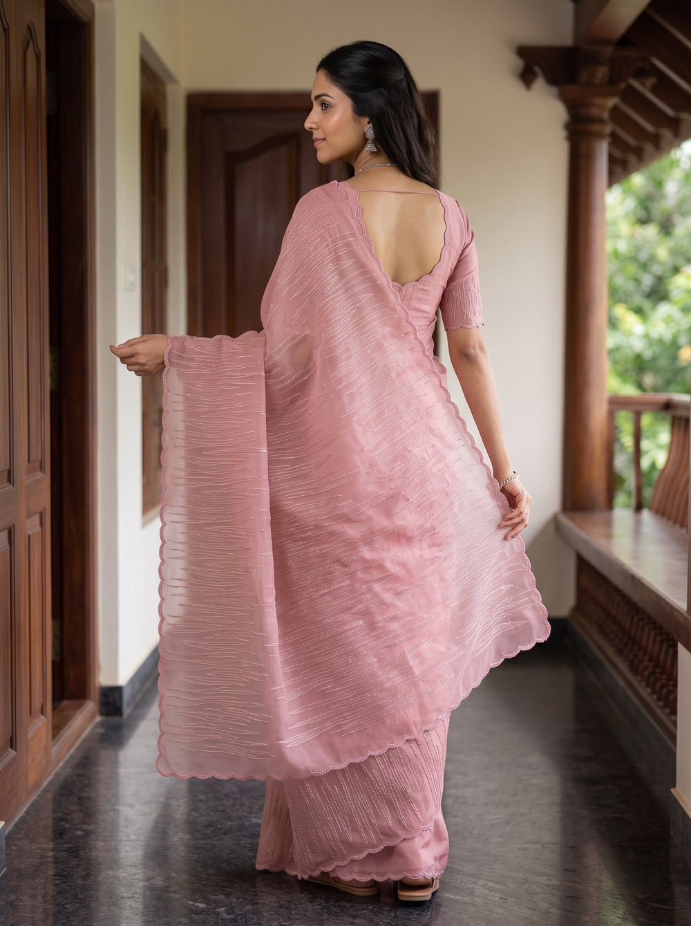 Organza Pink Saree with Abstract Line Embroidery