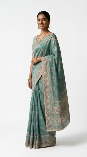Cotton Sea Green Elephant Embroidery Saree