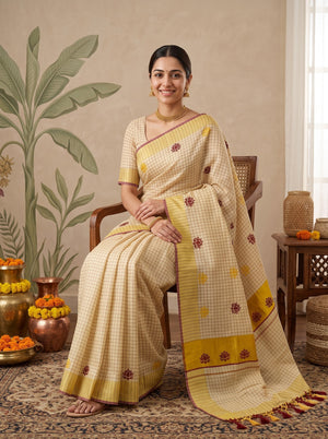 Tissue Cream Golden Checked With Multicolor Lotus Print Onam Special Kerala Saree