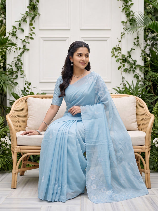 Organza Sky Blue Self-Tone Floral Embroidered Scalloped Border Saree