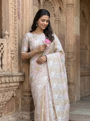 Tissue Silk Pastel Striped Saree with Elephant Floral Embroidery