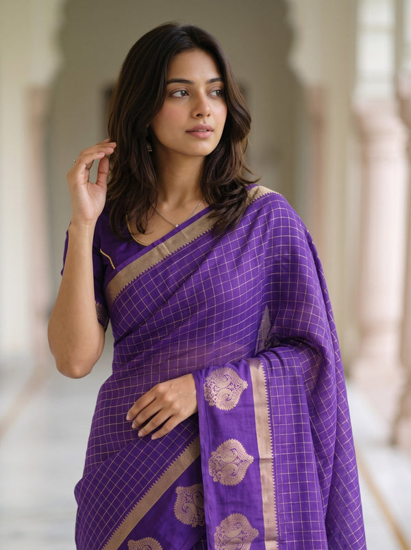 Semi Silk Violet Check Weave Saree with Golden Paisley Border