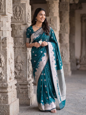 Banarasi Dark Teal Green Saree with Intricate Zari Geometric Pallu