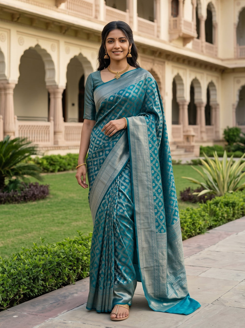 Brocade Silk Peacock Blue Saree with Golden Zari Floral Jaal Weave