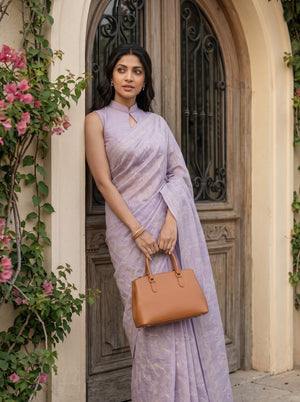 Semi Tussar Lilac Cream Floral Vine Embroidered Saree with Tassel Pallu