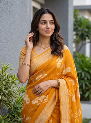 Organza Mustard Zari Flower Branch Butta Woven Border Saree