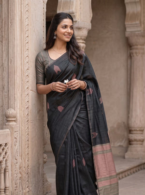 Matka Silk Black Peach Zari Arrow Butta Saree with Tassels