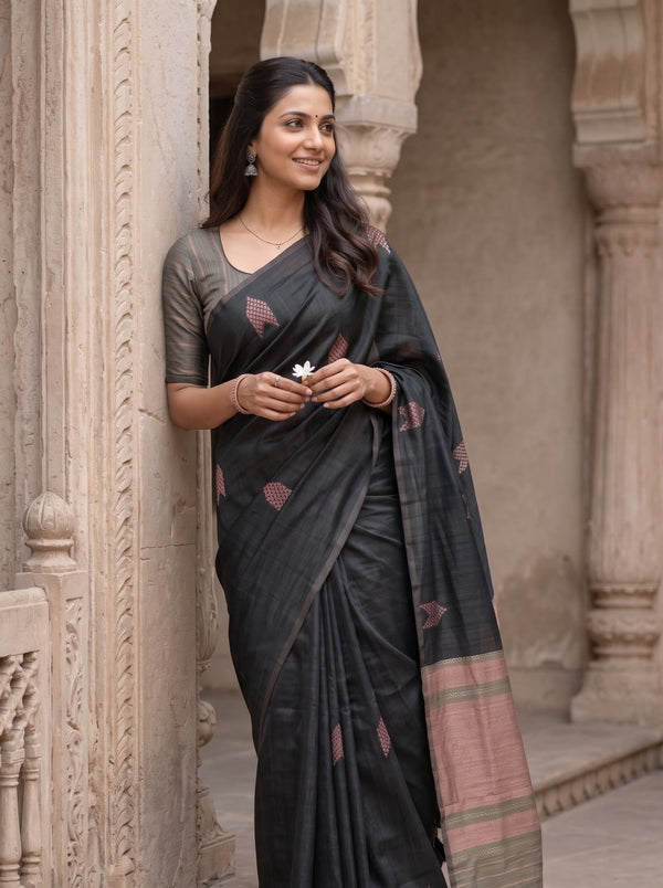 Matka Silk Black Peach Zari Arrow Butta Saree with Tassels