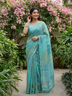 Linen Sea Green Abstract Ombre Wave Saree