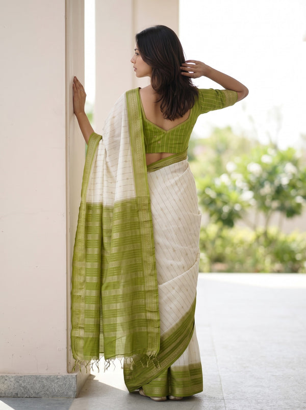 Semi Silk Off-White Butta Print Saree with Mehendi Green Zari Pallu