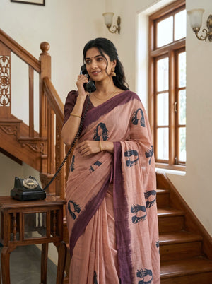 Cotton Peach Saree with Charcoal Face Print and Wine Ombre Border