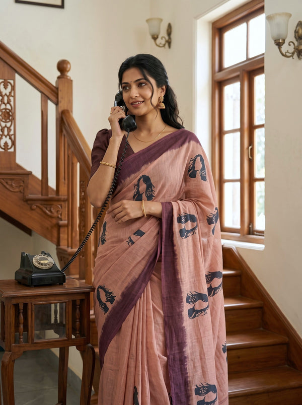 Cotton Peach Saree with Charcoal Face Print and Wine Ombre Border