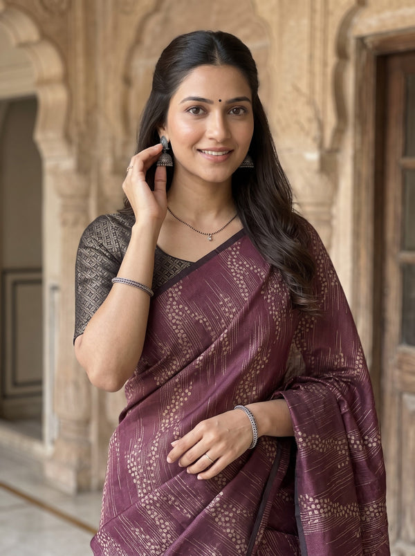 Semi Tussar Silk Maroon Black Floral Diamond Trellis Pallu Saree