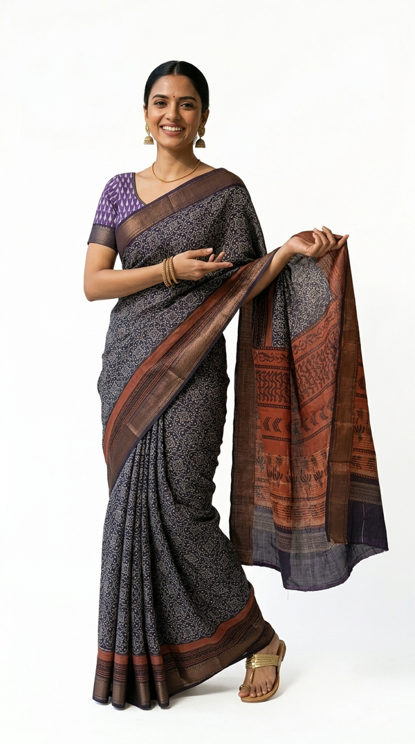 Soft Cotton Blue Ethnic Ajrakh Design Saree