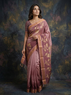 Chanderi Silk Blend Dusty Pink Floral Printed Saree