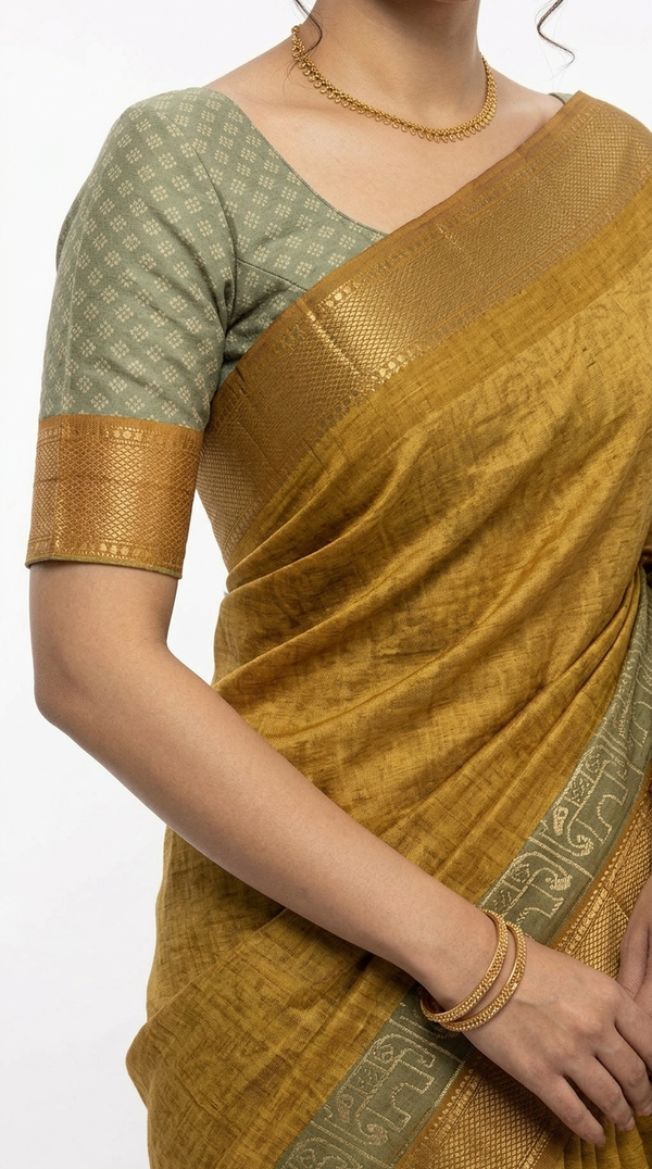 Cotton  Mustard Yellow Traditional Pattern And Thread Stripe Saree