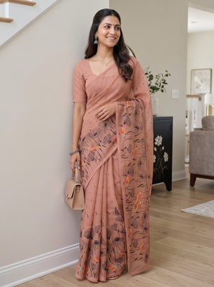 Net Kota Peach Saree with Delicate Floral  Embroidered