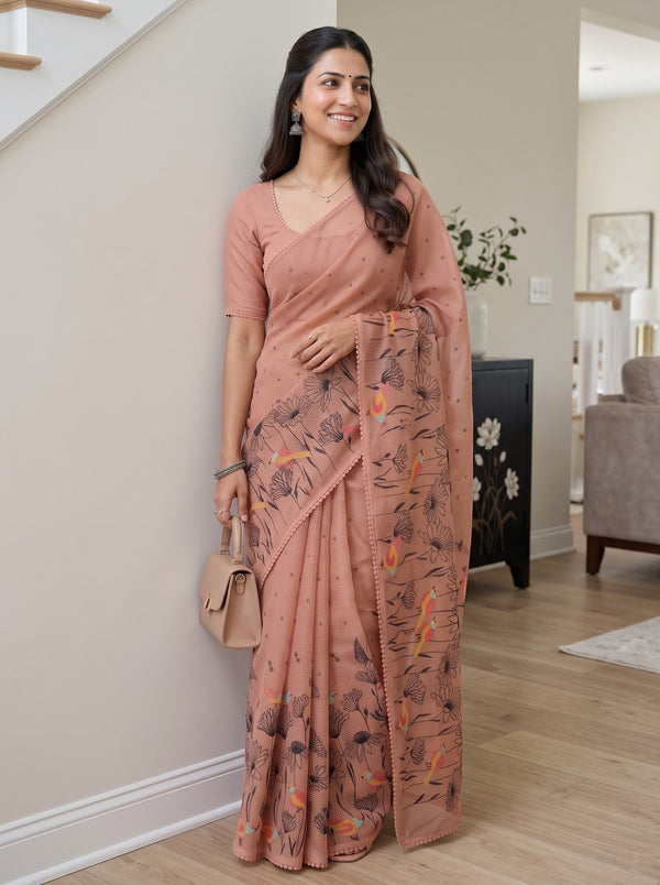 Net Kota Peach Saree with Delicate Floral  Embroidered