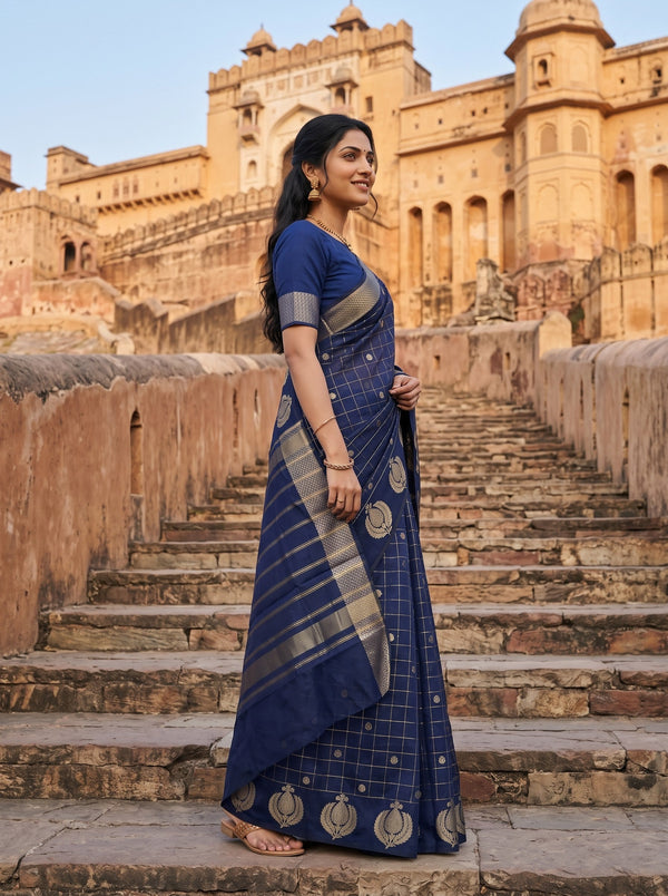Semi Silk Navy Blue Self Check Golden Zari Booti Saree with Striped Pallu