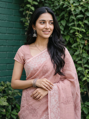 Chanderi Peach Pink Rose Bud Embroidered Saree with Cream Floral Vine Lace Border