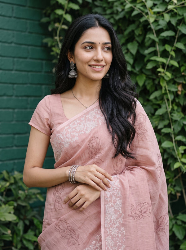 Chanderi Peach Pink Rose Bud Embroidered Saree with Cream Floral Vine Lace Border