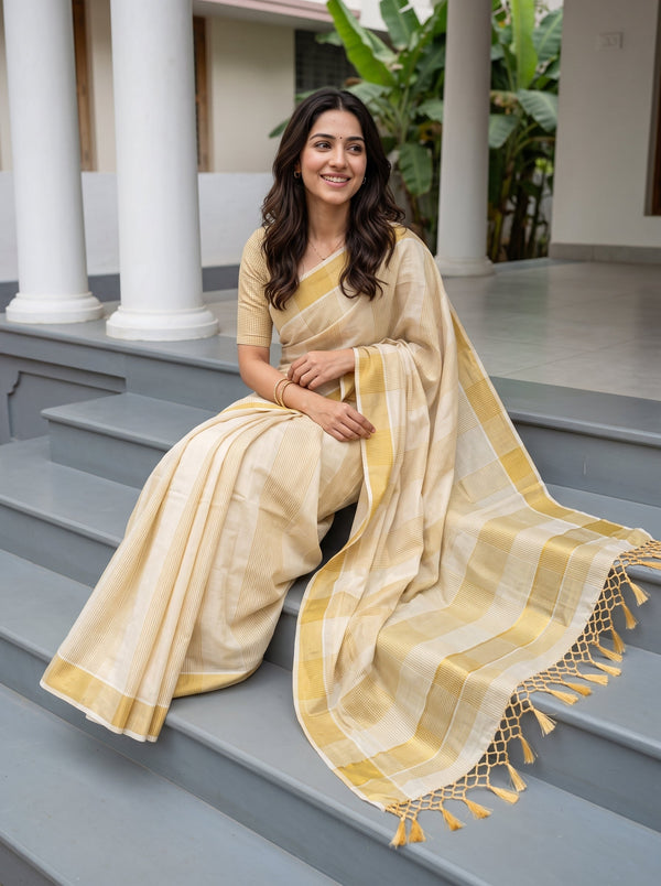 Tissue Cream Golden Windowpane Check Kerala Saree with Tassel Pallu