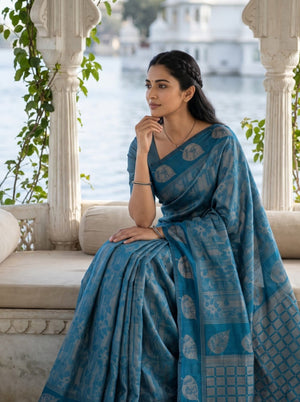 Matka Silk Teal Peacock Golden Zari Floral Checkered Pallu