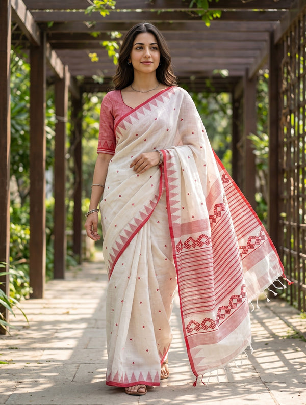Linen White Red Diamond Dot Zigzag Geometric Border Saree