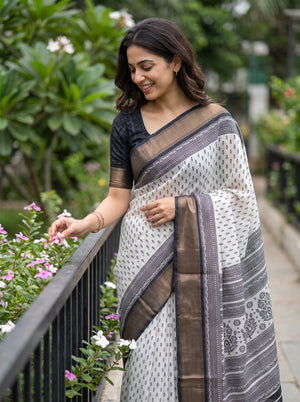 Polycotton White Black Floral Bouquet Motif Pallu Saree with Scroll Border Bands