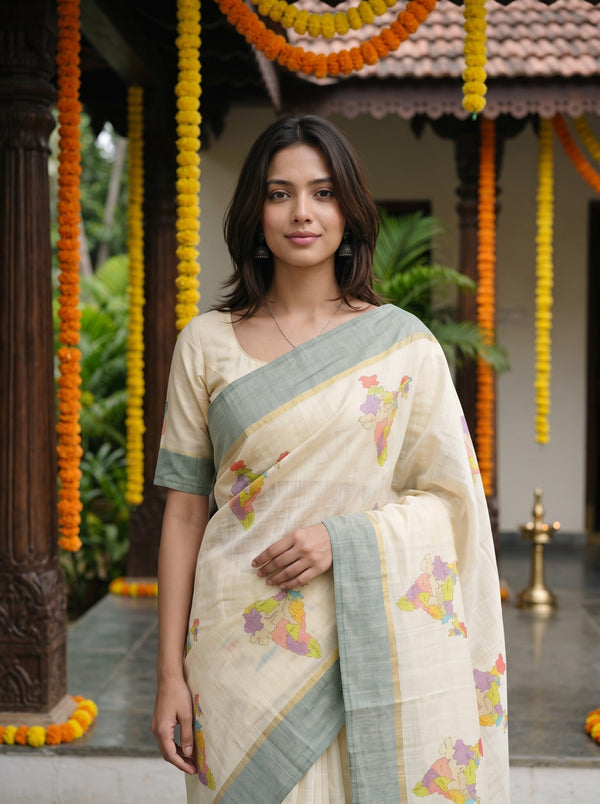 Tissue Cream Multicolor India Map Print Traditional Teal Border Festive Kerala Saree