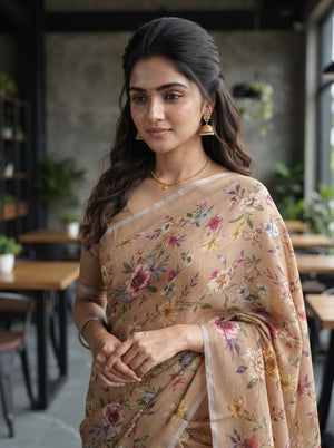Linen Beige Multicolor Watercolor Floral Print Saree