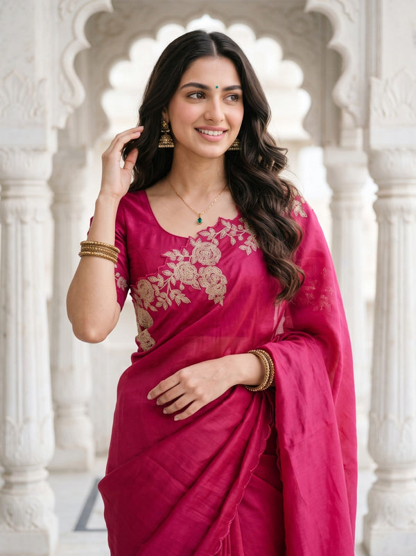 Raw Silk Rani Pink Golden Rose Vine Embroidered Pallu Saree with Scalloped