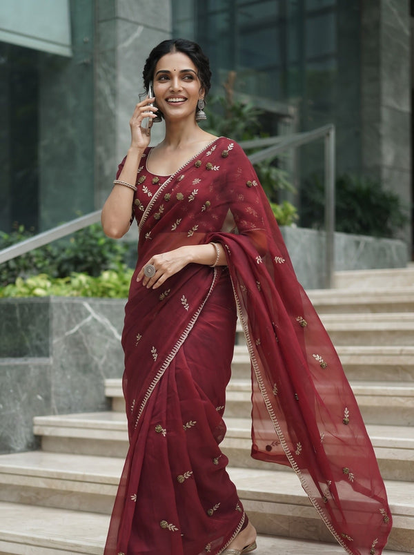 Chiffon Maroon Golden Bead Floral Spray Saree