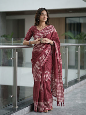 Cotton Maroon White Polka Dot Print Saree