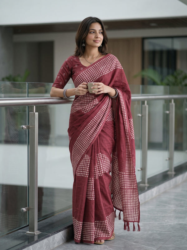 Cotton Maroon White Polka Dot Print Saree