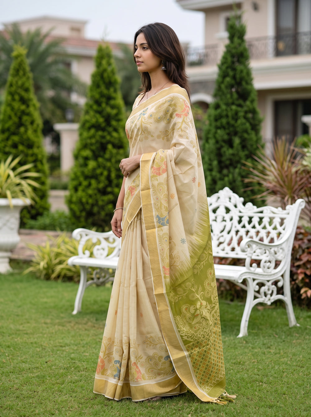 Tissue Cream Peacock Print Kerala Saree with Multicolor Pallu