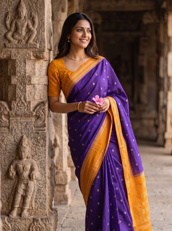 Semi Silk Purple Saree with Scattered Golden Butta Motifs and Orange Pallu