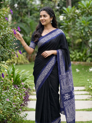 Georgette Black Navy Blue Batik Tribal Print Saree