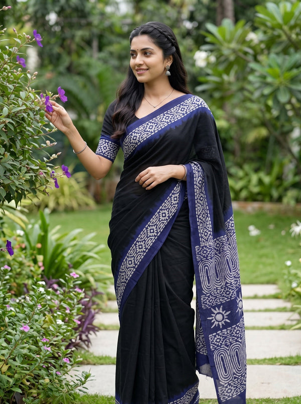 Georgette Black Navy Blue Batik Tribal Print Saree