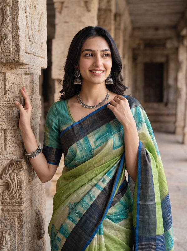Tussar Silk Green Saree with Painted Village House Pallu