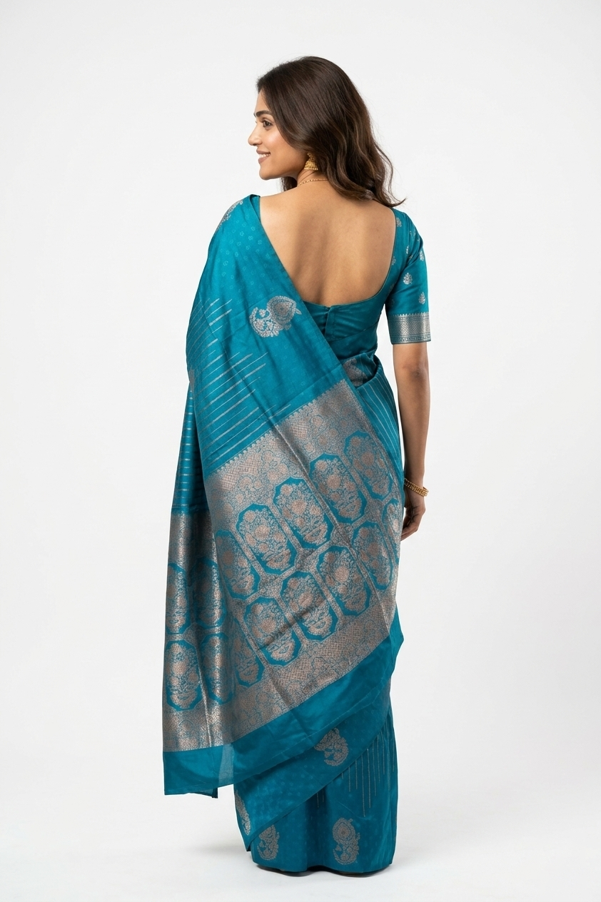 Woman in a blue saree with silver patterns against a brown background
